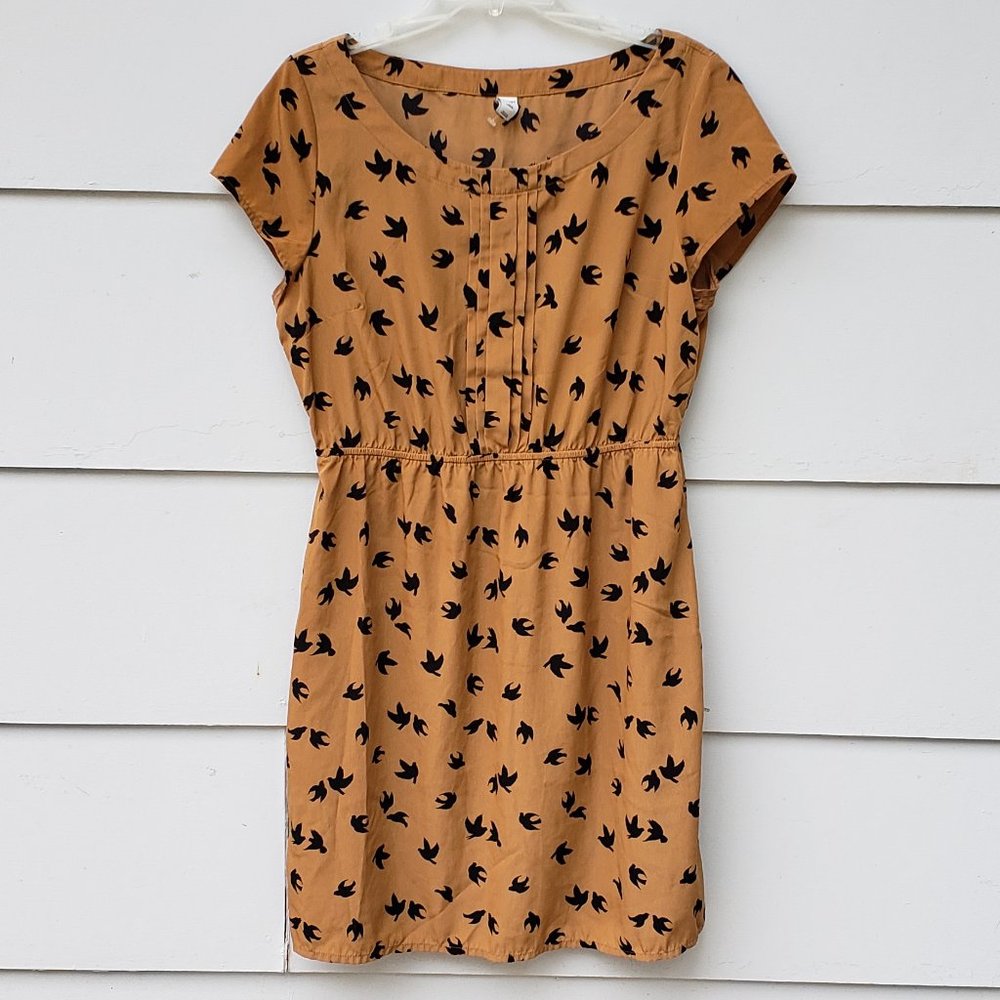 Old Navy Tan & Black Bird Print Cap Sleeve Dress - Large - Picture 2 of 9